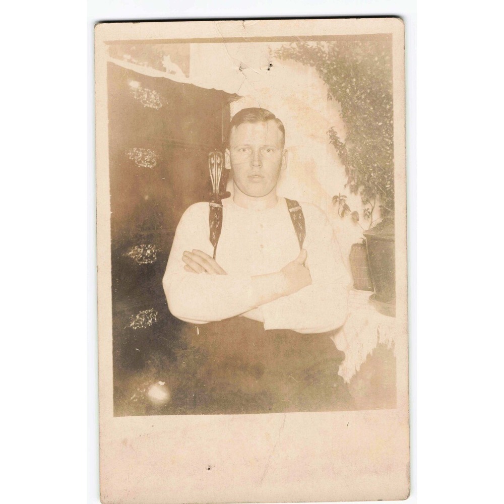 RPPC Real Photo Postcard Young Man Portrait Suspenders Studio c1910 Antique